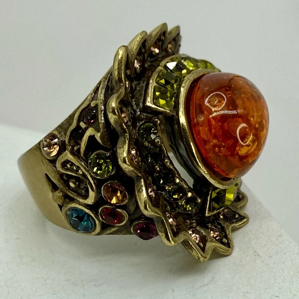 Vintage Heidi Daus Statement Ring – Amber Cabochon w Multi-Color Crystals Sz 7 - Picture 9 of 17